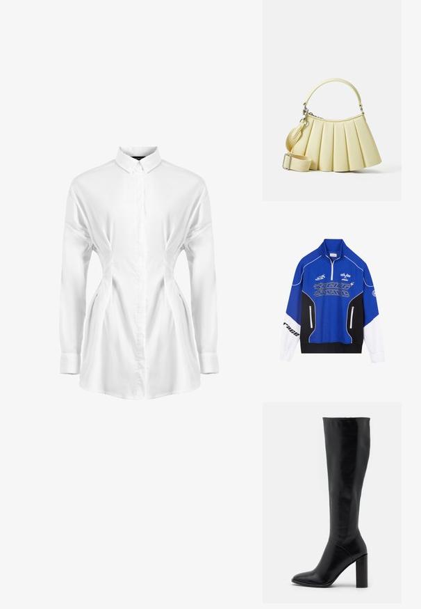 Blå og sort lynlås sweatshirt med hvide detaljer, som har "RACING" logo i fed skrift, høj krave og to lynlåslommer.; Hvid langærmet skjorte i glat stof med knaplukning foran, spidse kraver og samlede side detaljer for en strømlinet effekt.; Knæhøje sorte læderstøvler med spids tå og kraftig hæl. Glat tekstur med minimale detaljer og et tætsiddende skaftdesign.; Plisseret håndtaske i blødt gult materiale med et buet håndtag. Har en aftagelig og justerbar rem samt en glat tekstur med minimalt hardware.