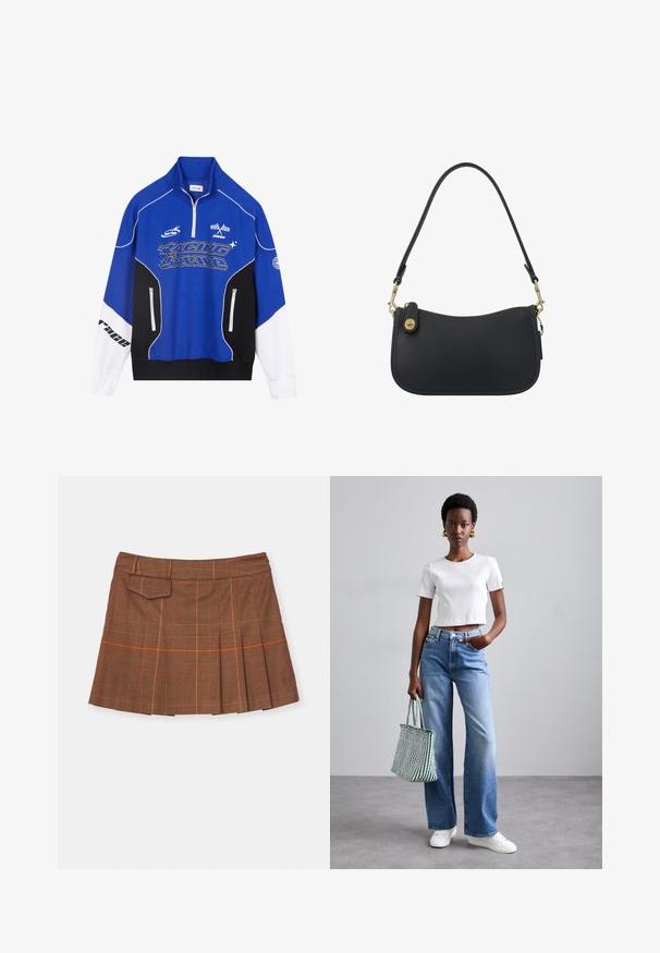 Blue and black zip-up sweatshirt with white accents, featuring "RACING" logo in bold font, high collar, and two zippered pockets.; Brown plaid skirt featuring a pleated design, orange accents, and a side pocket. Made of textured material with a fitted waist.; White ribbed cropped t-shirt, light blue wide-leg jeans, and white sneakers. Holding a green and white striped tote bag.; Black leather shoulder bag with a curved design, gold hardware, and a zipper closure. Features a detachable strap and subtle stitching detail.