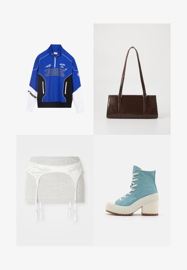 Blå og svart zip-up hettegenser med hvite detaljer, med "RACING" logo i fet skrift, høy krage og to glidelåslommer.; Grå bomullstoffplagg med hvit sateng livband og fire justerbare bånd for strømpeholder. Glatt tekstur, tettsittende design.; Lyseblå kanvas høye sneakers med hvite lisser, gummitåhette og en kraftig hvit hæl. Teksturert såle for grep.; Brunlakkert skinnveske med rektangulær form, to lange håndtak og subtile buede detaljer foran.