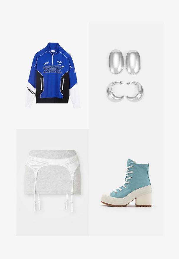 Modra in črna zadrga mikica z belimi detajli, ki vsebuje logo "RACING" v krepkem tisku, visok ovratnik in dve žepki z zadrgo.; Sivkasta bomba oblačilo iz bombaža z belim satenastim pasom in štirimi nastavljivimi trakovi za podvezice. Gladka tekstura, kroj, ki se prilega.; Svetlo modre platnene visoke superge z belimi vezalkami, gumijastim zaščitnikom prstov in masivnim belim peto. Teksturiran podplat za boljši oprijem.; Set srebrnih uhani: dva ovalna ušesa in dve obročni obliki, z visokim sijajem, gladko površino in okroglo obliko.