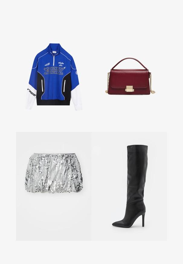 Modrá a černá zipová mikina s bílými akcenty, s logem "RACING" v tučném písmu, vysokým límcem a dvěma zipovými kapsami.; Stříbrná sukně s flitry a skládáním, která obsahuje flitry různých velikostí, čímž vytváří texturovaný, odrazivý povrch. Elastický pas.; RAID TALISHA - Vysoká obuv - black; Bordeaux kožená kabelka se strukturovaným designem, zlatým kováním a odnímatelným řetízkem. Hladký povrch a obdélníkový tvar.