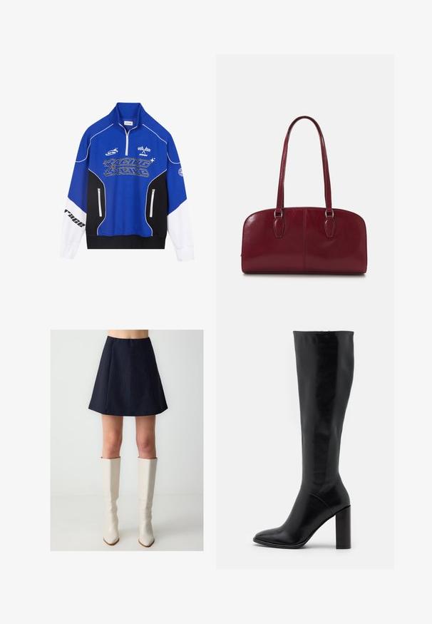 Blauw en zwart ritsvest met witte accenten, voorzien van het 'RACING' logo in vetgedrukte letters, hoge kraag en twee ritszakken.; Marineblauwe A-lijn rok met verticale streepjes, geplooid design en een elastische tailleband. Gecombineerd met glanzende, kniehoge witte laarzen.; Zwart leren laarzen tot de knie met een spitse neus en een chunky hak. Vlotte textuur met minimale accenten en een aansluitend schachtontwerp.; Zign LEATHER - Handtas - dark red