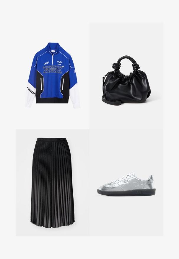 Kék és fekete, cipzáros pulóver fehér díszítéssel, amelynek mitt az "RACING" logója vastag betűkkel, magas gallérja és két cipzáras zsebe van.; DKNY PULL ON PLEATED OMBRE SKIRT - Rakott szoknya - ash grey; Ezüst színű tornacipők sima, fényvisszaverő felső résszel, fekete gumitalppal és klasszikus, fűzős kialakítással. Puma logó az oldalon.; Fekete bőr kézitáska ráncolt dizájnnal, rövid, lekerekített fogantyúkkal és levehető vállpánttal. Sima textúra, puha sziluettel.