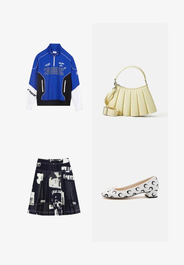 Mėlynas ir juodas užtrauktuku užsegamas džemperis su baltomis detalėmis, turintis "RACING" logotipą drąsiu šriftu, aukštu apykakliu ir dviem užtrauktukais užsegamomis kišenėmis.; Juoda plisuota sijonas, kuris pasižymi baltų tekstų ir grafikų koliažu, kontrastinėmis siūlėmis ir juosmeniu, užtikrinančiu pritaikytą fitą.; Baletas baltos spalvos su apvaliu pirštu, papuoštos juodu pusmėnulio raštu, su nedideliu kulneliu ir kaspinu priekyje.; Gofruotas rankinė švelnios geltonos spalvos medžiagos su lenktu rankenu. Apima nuimamą, reguliuojamą petnešą ir sklandžią tekstūrą su minimaliais aksesuarais.