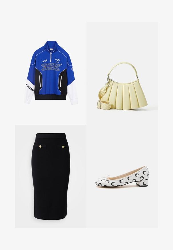 Kék és fekete, cipzáros pulóver fehér díszítéssel, amelynek mitt az "RACING" logója vastag betűkkel, magas gallérja és két cipzáras zsebe van.; Vero Moda Tall VMSABA LENGHT SKIRT  - Ceruzaszoknya - black; Fehér balettcipő lekerekített orral, fekete félhold mintával, kis sarkával és elöl masnival díszítve.; Szalagos kézitáska puha sárga anyagból, ívelt fogantyúval. Levehető, állítható pánttal rendelkezik, sima tapintású és minimális fém alkatrészekkel.