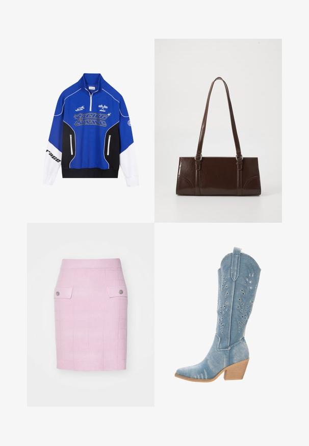 Sudadera azul y negra con cremallera, con acentos en blanco, que presenta el logo "RACING" en fuente negrita, cuello alto y dos bolsillos con cremallera.; Falda de rodilla de color rosa claro, texturizada, con un estampado en cuadrícula, que cuenta con dos bolsillos frontales y botones decorativos en cada bolsillo.; Bota vaquera de denim, azul claro, puntera afilada, detalles recortados con formas triangulares, tacón bajo apilado, acabado texturizado.; Bolso de mano de piel sintética marrón con forma rectangular, dos asas largas y sutiles acentos curvados en la parte delantera.