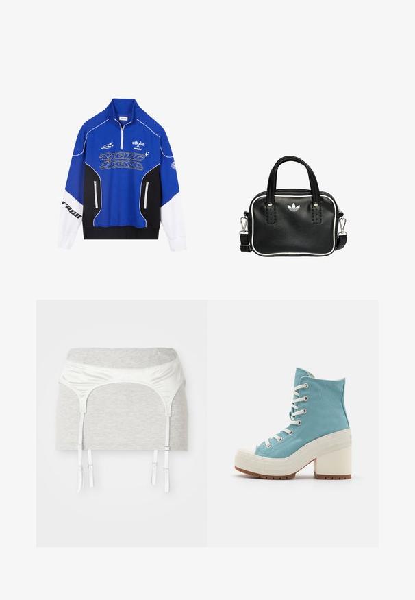 Felpa blu e nera con zip, dettagli bianchi, logo "RACING" in carattere grassetto, colletto alto e due tasche con zip.; Indumento in tessuto di cotone grigio con una fascia satinata bianca e quattro nastri regolabili per scopo di giarrettiera. Texture liscia, design aderente.; Sneakers alto in tela azzurro chiaro con lacci bianchi, punta in gomma e un tacco spesso bianco. Suola testurizzata per una buona aderenza.; Borsa a mano in pelle nera con due manici corti, hardware argentato, dettagli bianchi e un logo bianco. Presenta una superficie strutturata e un design compatto.