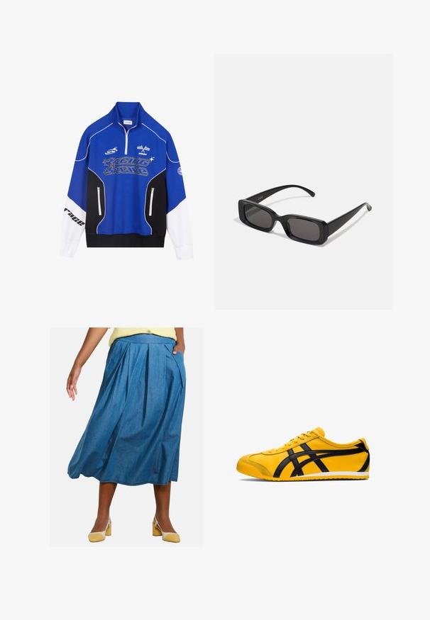 Blauw en zwart ritsvest met witte accenten, voorzien van het 'RACING' logo in vetgedrukte letters, hoge kraag en twee ritszakken.; Denim midi rok met plooien, heeft een hoge taille en zijzakken, in een medium blauwe kleur, met een soepele textuur.; Gele sportieve schoen met zwarte accenten, gladde leren textuur, gebogen ontwerp, ronde teen, platte witte zool en opvallende branding aan de zijkant.; Zwarte rechthoekige zonnebril met donkere lenzen, glanzende afwerking, brede pootjes en een robuust frameontwerp. Gegraveerde merknaam op één van de pootjes.