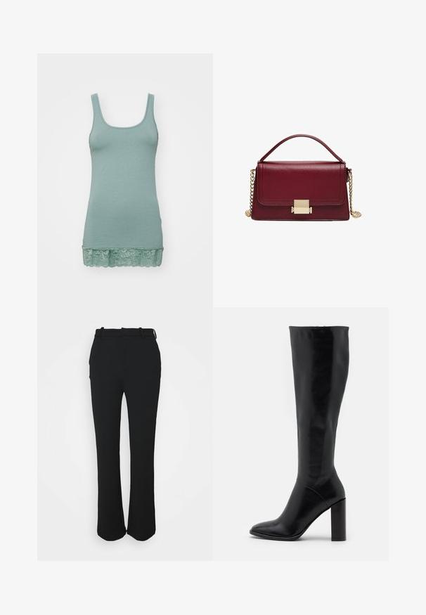 Modrá a čierna zipsová mikina s bielymi akcentmi, s logom "RACING" v tučnom písmene, vysokým golierom a dvoma zipsovými vreckami.; Svetlozelený tielko vyrobené z mäkkej tkaniny, s hlbokým výstrihom a čipkovým lemom na dne. Hladká textúra, elastický dizajn.; Čierne, strihané nohavice s hladkým povrchom, rovný strih a pás s detailmi jemného šitia a bez vreciek.; Čierne kožené čižmy po kolená s špicatou špičkou a robustným podpätkom. Hladká textúra s minimálnymi akcentmi a priliehavým dizajnom v oblasti lýtka.; Bordová kožená kabelka so štruktúrovaným dizajnom, zlatým zapínaním a odnímateľným reťazovým popruhom. Hladký povrch a obdĺžnikový tvar.