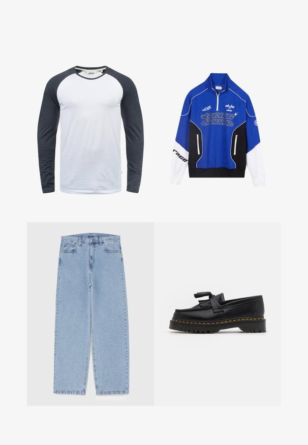 Blau-schwarzer Reißverschluss-Pullover mit weißen Akzenten, ausgestattet mit dem Schriftzug "RACING" in fetter Schrift, hohem Kragen und zwei Reißverschlusstaschen.; Langarm-T-Shirt mit einem weißen Körper und dunkelgrauen Raglanärmeln. Aus weichem Stoff mit einem runden Ausschnitt und dezenten Nahtdetails gefertigt.; Hellblaue Jeans aus Denim mit geradem Bein, ausgestattet mit einer mittelhohen Taille, fünf Taschen sowie einem Knopf- und Reißverschluss.; Schwarze Lederloafers mit einem fransenverzierten Akzent, ausgestattet mit einer robusten schwarzen Sohle und gelber Naht entlang der Kante. Texturierte Oberfläche.
