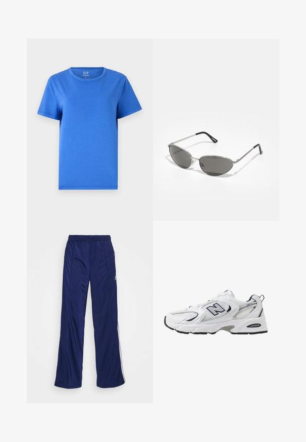 Modra in črna zadrga mikica z belimi detajli, ki vsebuje logo "RACING" v krepkem tisku, visok ovratnik in dve žepki z zadrgo.; Osnovna modra majica iz bombaža z okroglo izrezano ovratnikom, kratkimi rokavi in ravnim robom. Ni vidnih vzorcev ali dodatkov.; Mornarske športne hlače z elastičnim pasom, ravnimi nogami in stranskimi zadrgami. Imajo bele obrobe vzdolž strani. Gladka tekstura tkanine.; Bele športne copate z mrežasto zgornjimi deli, mornarskimi naglasnimi barvami in oblazinjeno podplatom. Vključujejo logotip "N", vezalke in teksturirane detajle na strani.; Sončna očala z elegantnim srebrnim kovinskim okvirjem, sivi zasenčeni leči in aerodinamičnim oblikovanjem, ki vključuje ostri robovi in tanke ročke.