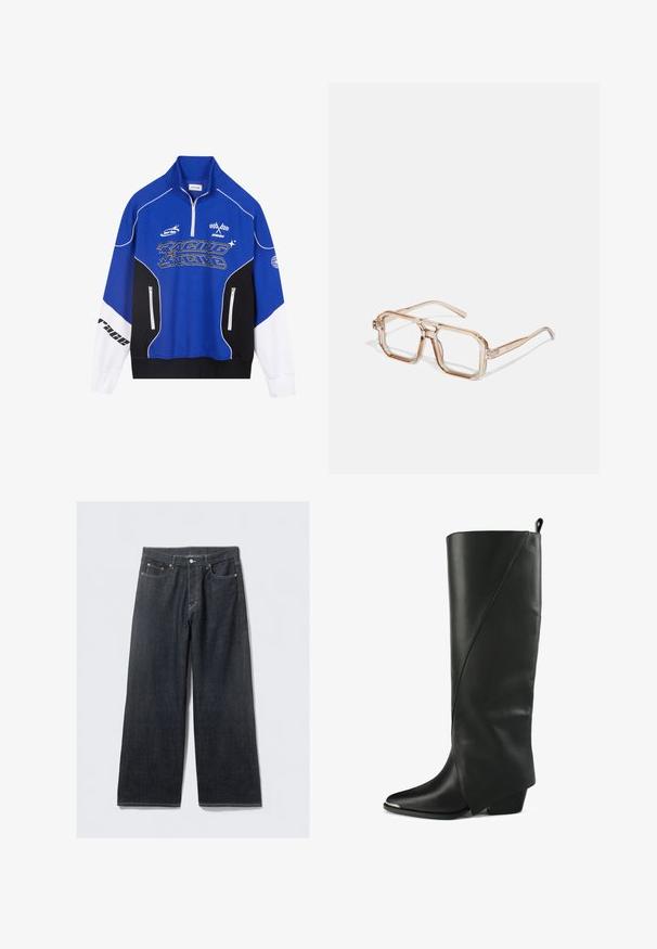 Felpa blu e nera con zip, dettagli bianchi, logo "RACING" in carattere grassetto, colletto alto e due tasche con zip.; Jeans a gamba larga in denim scuro con vita alta, caratterizzati da rivetti in tonalità rame e cuciture a contrasto, texture liscia e senza motivi visibili.; Stivali in pelle nera al ginocchio con punta appuntita, design angolare, dettagli delle cuciture curve e tacco basso a blocco.; Occhiali da vista trasparenti a forma esagonale con tonalità marrone chiaro; montatura spessa e trasparente con aste sottili; senza loghi o motivi visibili.; Borsa a tracolla in pelle nera con un design arricciato, manici corti e arrotondati, e una tracolla rimovibile. Texture liscia con una silhouette morbida.