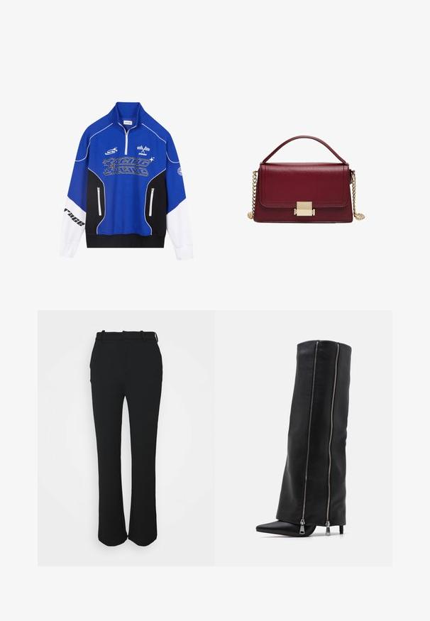Plavi i crni zip-sup s bijelim naglascima, s "RACING" logom u podebljanom fontu, visokim ovratnikom i dvjema džepovima sa zatvaračem.; Crne, krojene hlače s glatkom završnom obradom, ravnog kroja i remenom. Sadrže diskretne šavove i nemaju džepove.; Simmi London FRANK - Čizme s visokom petom - black; Bordo kožna torba s strukturiranim dizajnom, zlatnim metalnim kopčanjem i odvojivom lančanom naramenicom. Glatka tekstura i pravokutni oblik.