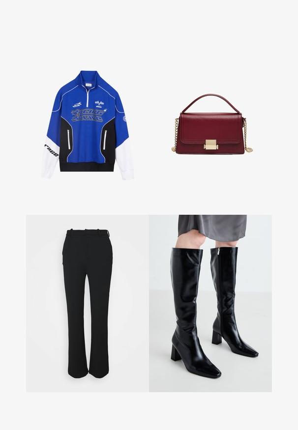 Blue and black zip-up sweatshirt with white accents, featuring "RACING" logo in bold font, high collar, and two zippered pockets.; Black, tailored trousers with a smooth finish, straight leg design, and a waistband. Features subtle stitching details and no pockets.; RAID HETTY - Boots - black; Maroon leather handbag with a structured design, gold hardware clasp, and a removable chain strap. Smooth texture and rectangular shape.