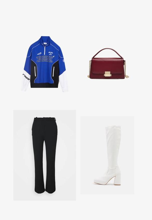 Sweat-shirt zippé bleu et noir avec des accents blancs, arborant le logo "RACING" en lettres grasses, un col montant et deux poches zippées.; Pantalons noirs ajustés avec une finition lisse, design à jambe droite et une taille. Présente des détails de couture subtils et pas de poches.; RAID CANNON - Bottes à plateau - white; Sac à main en cuir bordeaux au design structuré, avec un fermoir en métal doré et une bandoulière en chaîne amovible. Texture lisse et forme rectangulaire.