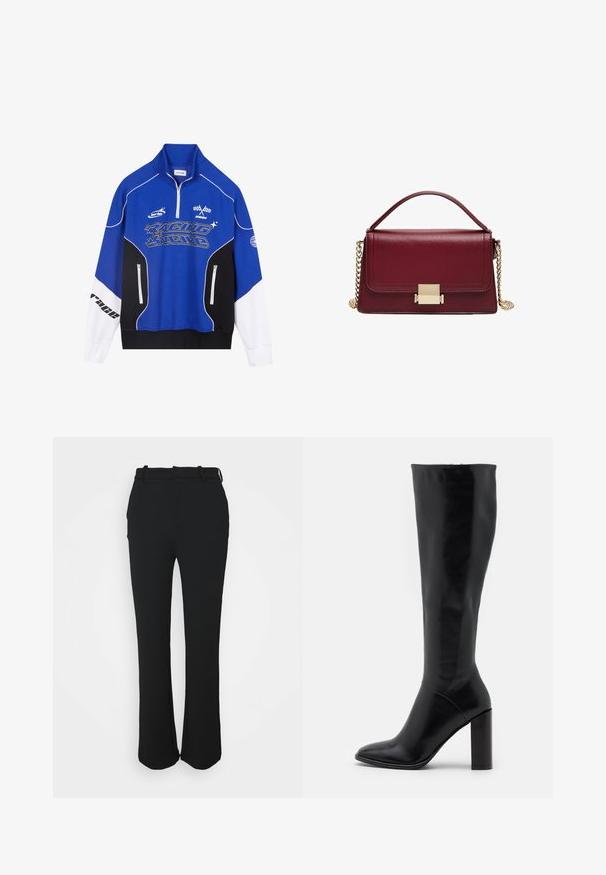 Modra in črna zadrga mikica z belimi detajli, ki vsebuje logo "RACING" v krepkem tisku, visok ovratnik in dve žepki z zadrgo.; Črne, krojene hlače z gladkim zaključkom, ravnim krojem in pasom. Imajo subtilne šive in brez žepov.; Črne usnjene škornje do kolen s koničastim prstom in robustnim peto. Gladka tekstura z minimalnimi akcenti in prilegajočim se oblikovanjem zgornjega dela.; Bordo usnjena torbica s strukturirano zasnovo, z zlatim okovjem in odstranljivo verižico. Gladka tekstura in pravokotna oblika.