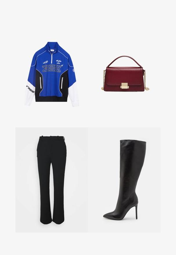 Sweat-shirt zippé bleu et noir avec des accents blancs, arborant le logo "RACING" en lettres grasses, un col montant et deux poches zippées.; Pantalons noirs ajustés avec une finition lisse, design à jambe droite et une taille. Présente des détails de couture subtils et pas de poches.; Bottes noires hautes en cuir lisse, au design à bout pointu et à tige effilée.; Sac à main en cuir bordeaux au design structuré, avec un fermoir en métal doré et une bandoulière en chaîne amovible. Texture lisse et forme rectangulaire.