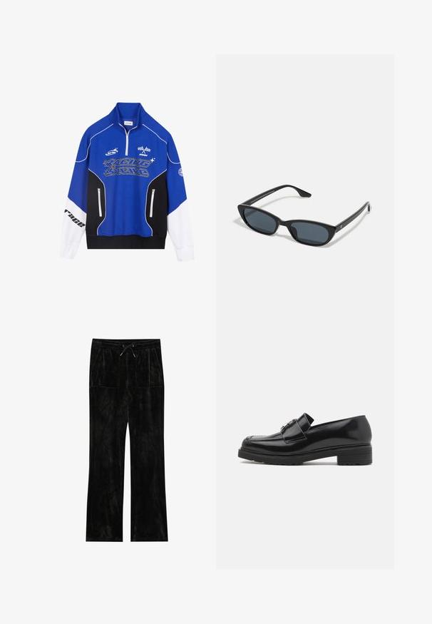 Sininen ja musta vetoketjullinen huppari, jossa valkoiset yksityiskohdat. Hupparissa on "RACING"-logo vahvassa fontissa, korkea kaulus ja kaksi vetoketjullista taskua.; Mustat veluurihousut, joissa on pehmeä pinta, leveä lahkeiden muotoilu, joustava vyötärönauha, nyörikiinnitys ja kaksi etutaskua.; Mustat kiillotetut nahka loaferit matalalla lohkarekorolla, ommeltu varvas ja metallinen solki yläosassa, esitetty sivuprofiilissa valkoisella taustalla.; Musta kissakatse aurinkolasit tummilla linsseillä, muovikehys, kapeat temppelit ja hienovarainen brändäys sisäisessä varressa. Mattapintainen rakenne.