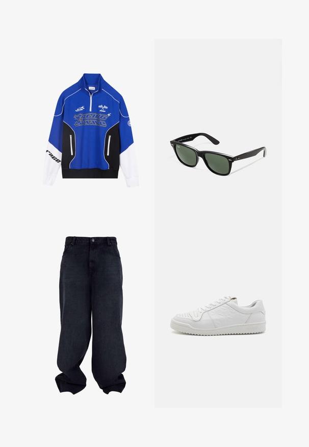 Sweat-shirt zippé bleu et noir avec des accents blancs, arborant le logo "RACING" en lettres grasses, un col montant et deux poches zippées.; Pantalons en denim noirs à jambes larges avec une texture lisse, design à cinq poches et fermeture à bouton. Présente une coupe décontractée et un ourlet effilé.; Baskets en cuir blanc avec un panneau latéral texturé et un bout perforé, dotées de lacets plats et d'une semelle en caoutchouc surélevée. Nom de la marque "SANDRO" embossé sur le talon.; Lunettes de soleil en plastique noir avec verres verts, monture carrée, accent argenté sur le sourcil et branches texturées. Marque indiquée sur l'intérieur de la branche.