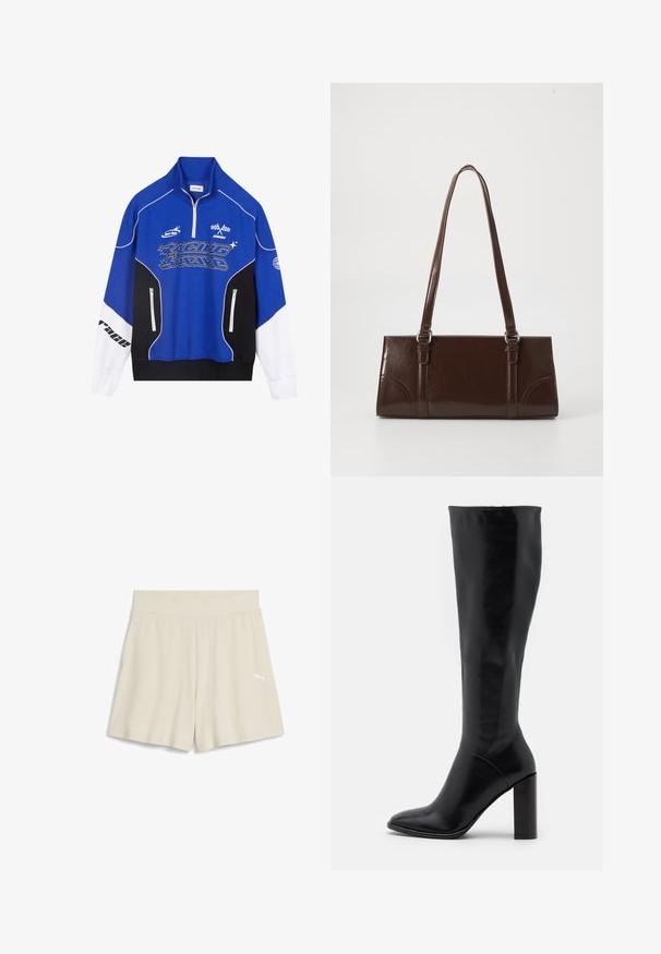 Modra in črna zadrga mikica z belimi detajli, ki vsebuje logo "RACING" v krepkem tisku, visok ovratnik in dve žepki z zadrgo.; Bež ribane atletske hlače s širokim pasom in majhnim belim logotipom na sprednji levi strani, ki imajo ohlapen kroj.; Črne usnjene škornje do kolen s koničastim prstom in robustnim peto. Gladka tekstura z minimalnimi akcenti in prilegajočim se oblikovanjem zgornjega dela.; Rjav lakiran usnjeni ročni torbica pravokotne oblike, z dvema dolgima ročajema in subtilnimi ukrivljenimi poudarki spredaj.