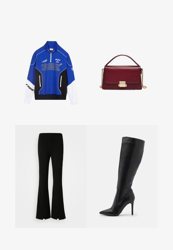 Modra in črna zadrga mikica z belimi detajli, ki vsebuje logo "RACING" v krepkem tisku, visok ovratnik in dve žepki z zadrgo.; Črne široke hlače s prilegajočim pasom, narejene iz gladkega materiala, z bočnimi razporki na robu za dodatne detajle in gibljivost.; RAID KIYOMI - Škornji - black; Bordo usnjena torbica s strukturirano zasnovo, z zlatim okovjem in odstranljivo verižico. Gladka tekstura in pravokotna oblika.
