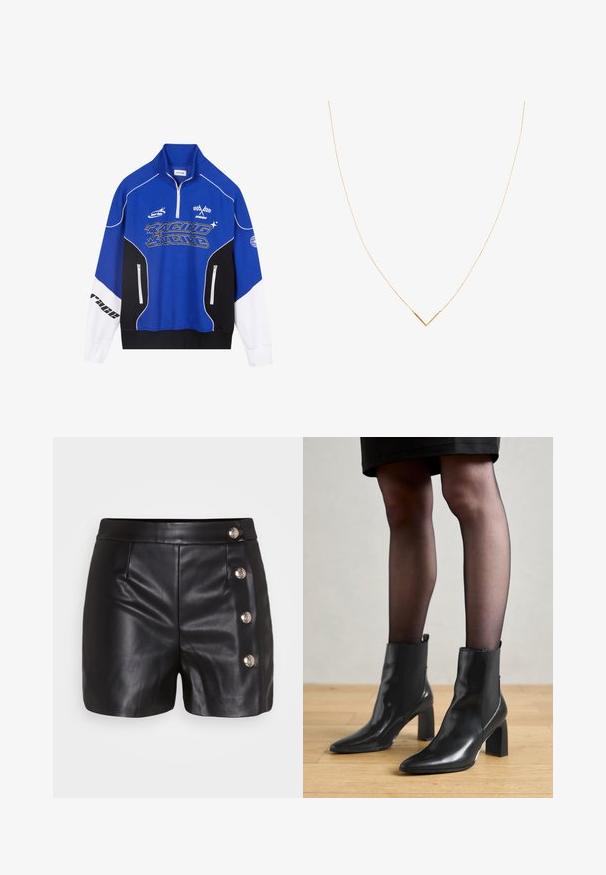 Zila un melna zipa džemperis ar baltām akcentiem, kas piedāvā "RACING" logo biezā fontā, augstu apkakli un divām ar rāvējslēdzēju aizveramām kabatām.; Melnas ādas šorti ar gludu tekstūru, ar četriem sudraba pogu akcentiem labajā pusē un divām priekšējām kabatām.; Melni ādas potīšu zābaki ar izdilušu purngala formu, masīvu kvadrātveida papēdi un elegantu dizainu. Iekļautas elastīgas sānu paneļi, kas nodrošina ērtu uzvilkšanu.; Zelta tonī veidota kaklarota ar plānu ķēdīti un V formas piekariņu. Elegants dizains ar gludu, pulētu apdari un minimālu dekoru.