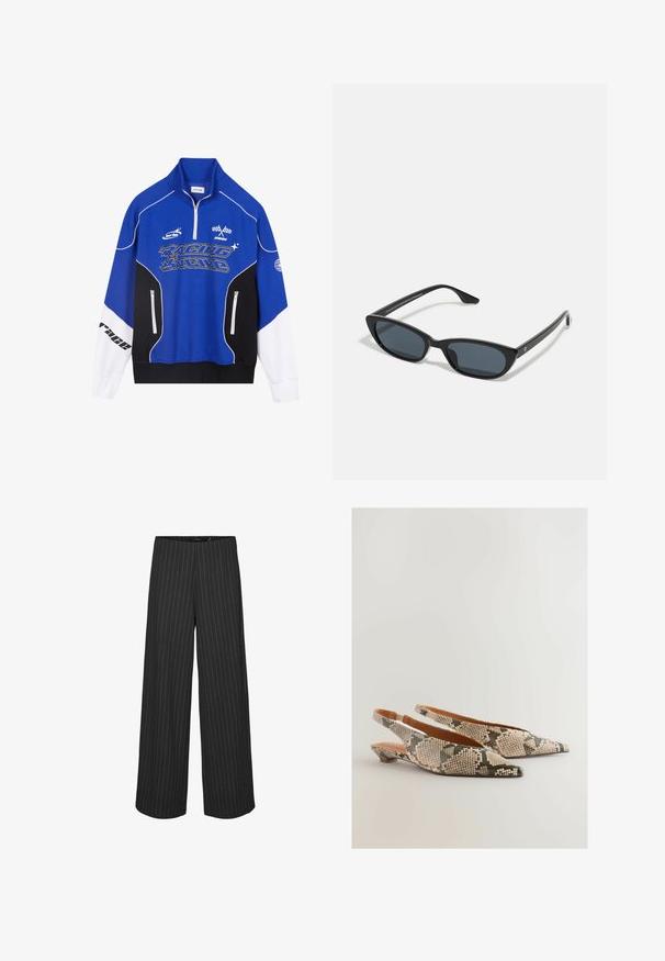 Blau-schwarzer Reißverschluss-Pullover mit weißen Akzenten, ausgestattet mit dem Schriftzug "RACING" in fetter Schrift, hohem Kragen und zwei Reißverschlusstaschen.; Schwarze weit geschnittene Hosen mit vertikalen weißen Nadelstreifen, die ein maßgeschneidertes Design und eine glatte Textur aufweisen. Keine sichtbaren Taschen oder Hardware.; Next REGULAR FIT FOREVER COMFORT POINT TOE - Sling-Ballerina - snake; Schwarze Cat-Eye-Sonnenbrille mit dunklen Gläsern, Kunststoffrahmen, schlanken Bügeln und dezentem Branding an der inneren Seite des Bügels. Matte Oberflächenstruktur.