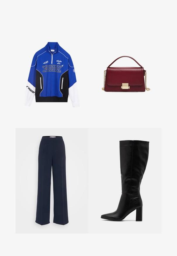 Modra in črna zadrga mikica z belimi detajli, ki vsebuje logo "RACING" v krepkem tisku, visok ovratnik in dve žepki z zadrgo.; Mornarske hlače z visokim pasom in širokimi nogavicami, narejene iz gladkega materiala, z gubami, ravnim sprednjim delom in čistim dizajnom brez vidnih dodatkov.; RAID JORDANN - Škornji z visoko peto - black; Bordo usnjena torbica s strukturirano zasnovo, z zlatim okovjem in odstranljivo verižico. Gladka tekstura in pravokotna oblika.