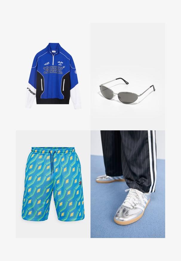 Blauw en zwart ritsvest met witte accenten, voorzien van het 'RACING' logo in vetgedrukte letters, hoge kraag en twee ritszakken.; Blauwe zwemshorts met een geometrisch patroon in groen en geel, voorzien van een elastische tailleband, trekkoorden en een klein logo-patch.; Metalen zilveren sneakers met witte veters en drie witte strepen, gecombineerd met zwarte streepd pants. Gumaansluiting accent aan de onderkant.; Zonnebril met een slank, zilveren metalen frame, grijs getinte lenzen en een aerodynamisch ontwerp met puntige randen en dunne pootjes.; Zwarte gewatteerde tote bag met een grote opening, gebogen vormen op het oppervlak en een label met gele en witte tekst aan de voorkant.