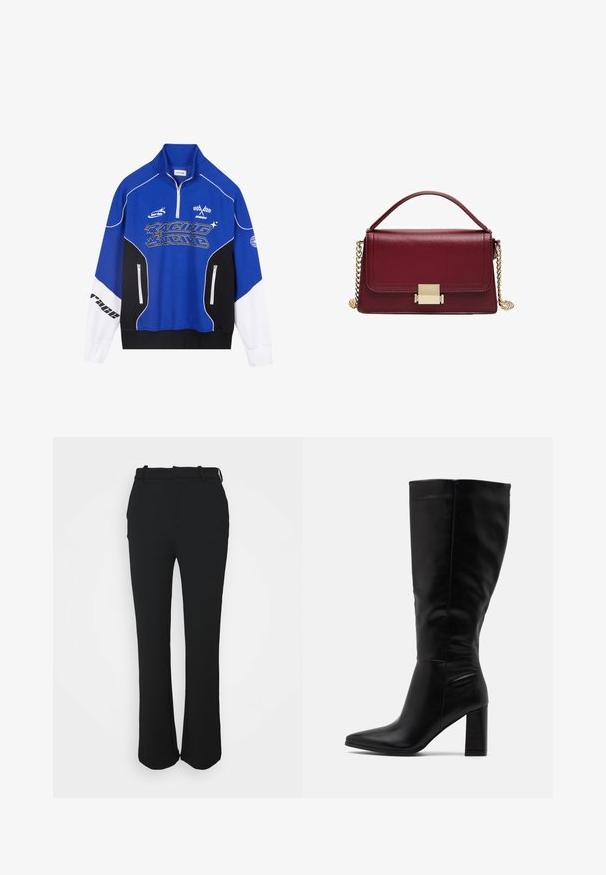Modra in črna zadrga mikica z belimi detajli, ki vsebuje logo "RACING" v krepkem tisku, visok ovratnik in dve žepki z zadrgo.; Črne, krojene hlače z gladkim zaključkom, ravnim krojem in pasom. Imajo subtilne šive in brez žepov.; RAID JORDANN - Škornji z visoko peto - black; Bordo usnjena torbica s strukturirano zasnovo, z zlatim okovjem in odstranljivo verižico. Gladka tekstura in pravokotna oblika.