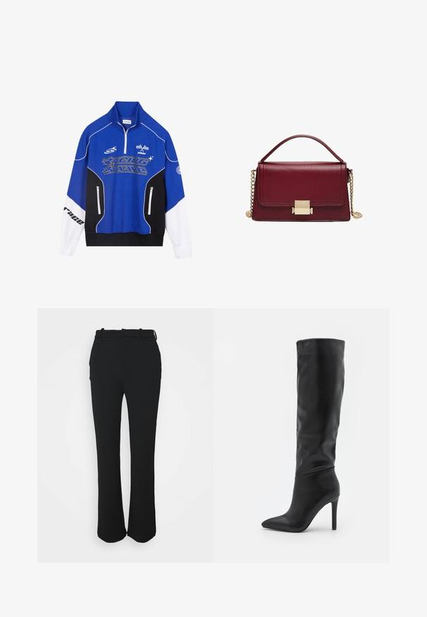 Blå och svart dragkedja-tröja med vita accenter, med "RACING" logotyp i fet stil, hög krage och två dragkedjefickor.; Svarta skräddarsydda byxor med en slät yta, rak ben-design och midjeband. Har subtila sömnadsdetaljer och inga fickor.; RAID TALISHA - Stövel - black; Bordeauxläderhandväska med en strukturerad design, guld-färgad lås och avtagbar kedjerem. Slät yta och rektangulär form.