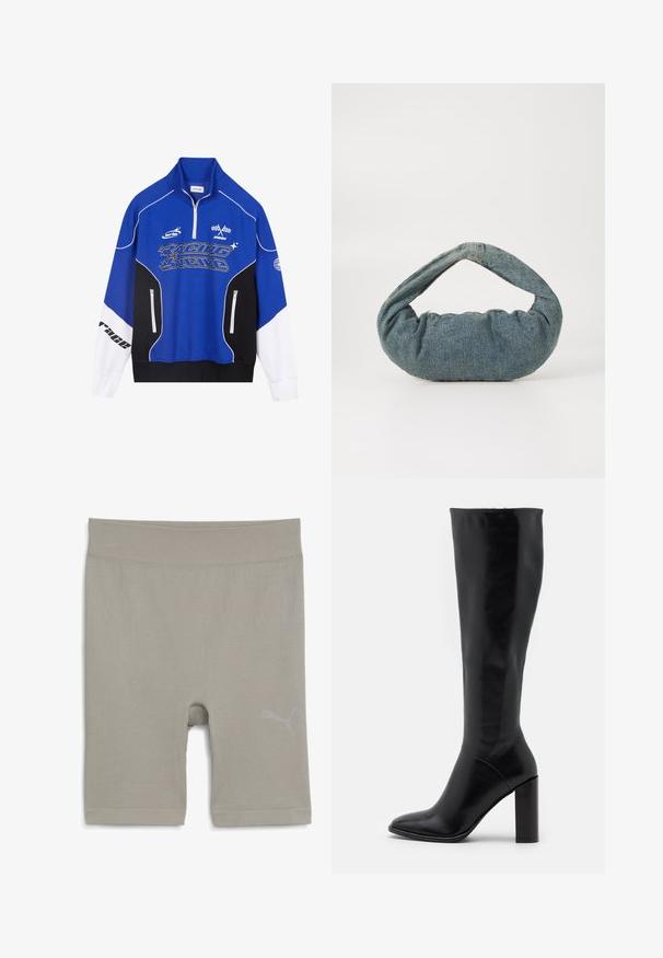 Blauw en zwart ritsvest met witte accenten, voorzien van het 'RACING' logo in vetgedrukte letters, hoge kraag en twee ritszakken.; Lichtgrijze geribde sportshorts met een gladde textuur, voorzien van een logo aan de rechteronderzijde en een lengte tot halverwege de dij.; Zwart leren laarzen tot de knie met een spitse neus en een chunky hak. Vlotte textuur met minimale accenten en een aansluitend schachtontwerp.; Blauwe denim tas met een gewatteerde, ronde vorm en een gebogen handvat. De textuur is zacht, met zichtbare stiksels en een gladde afwerking.