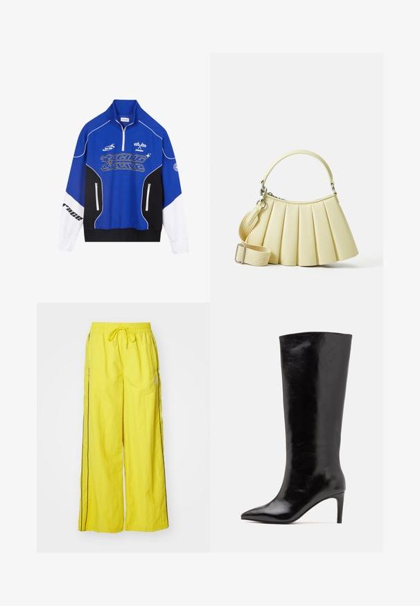 Blå og svart zip-up hettegenser med hvite detaljer, med "RACING" logo i fet skrift, høy krage og to glidelåslommer.; Gule vide bukser laget av lett materiale, med elastisk midje med snøring, sidestriper og en subtil logo-detalj.; Call it Spring RHODDE - Boots med høye hæler - black; Plisserte håndveske i mykt gult materiale med et buet håndtak. Har avtakbar justerbar stropp og glatt tekstur med minimalt med maskinvare.