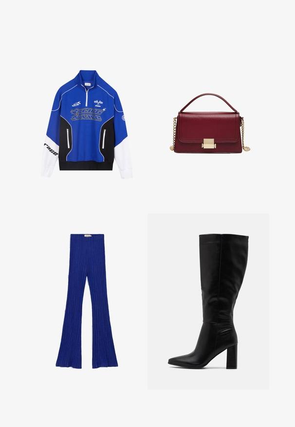 Modrá a černá zipová mikina s bílými akcenty, s logem "RACING" v tučném písmu, vysokým límcem a dvěma zipovými kapsami.; Thinking Mu NAIA - Kalhoty - indigo blue; RAID JORDANN - Kozačky na vysokém podpatku - black; Bordeaux kožená kabelka se strukturovaným designem, zlatým kováním a odnímatelným řetízkem. Hladký povrch a obdélníkový tvar.
