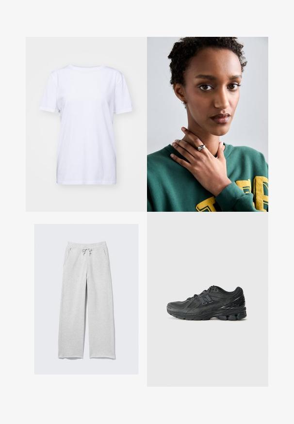 Sweatshirt cinza claro com decote redondo, mangas raglan e punhos e bainha canelados. Textura suave sem padrões ou detalhes visíveis.; T-shirt de algodão branco com decote redondo, mangas curtas e um ajuste descontraído. Textura suave e sem padrões ou embellishments visíveis.; Calças de moletão cinza claro feitas de um tecido macio, com um cós elástico e cordão de ajustamento, além de bolsos laterais. Design largo e de perna reta.; Ténis de corrida pretos com parte superior em rede, colarinho acolchoado, pormenores sintéticos e sola texturizada com elementos de amortecimento visíveis.; Anel de prata com um design liso e curvo, destacando um acento em estrela. Modelo vestindo um moletom verde com letras amarelas, mãos perto do pescoço.