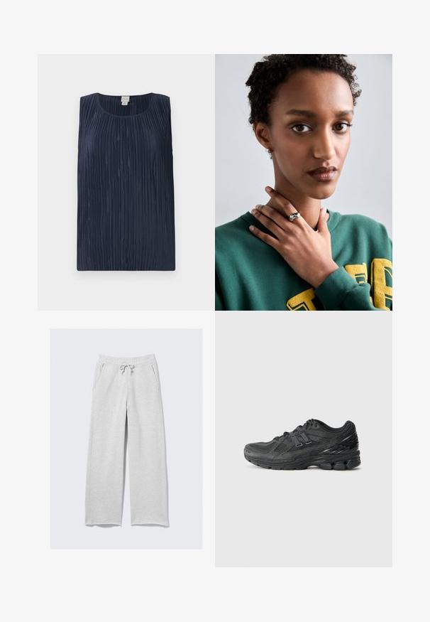 Hellgrauer Pullover mit Rundhalsausschnitt, Raglanärmeln und gerippten Bündchen und Saum. Glatte Textur ohne sichtbare Muster oder Details.; Navyblaues ärmelloses Oberteil mit strukturiertem, plissiertem Design, Rundhalsausschnitt und weichem, glattem Stoff. Keine sichtbaren Beschläge oder Verzierungen.; Helle graue Jogginghose aus weichem Stoff, mit einem elastischen Bund und Kordelzug sowie Seitentaschen. Lockerer, gerader Schnitt.; Schwarze Laufschuhe mit einem Mesh-Obermaterial, gepolstertem Kragen, synthetischen Akzenten und einer strukturierten Sohle mit sichtbaren Dämpfungselementen.; Silberner Ring mit glattem, gebogenem Design und einem Sternakzent. Modell trägt einen grünen Pullover mit gelber Schrift, die Hände in der Nähe des Nackens.