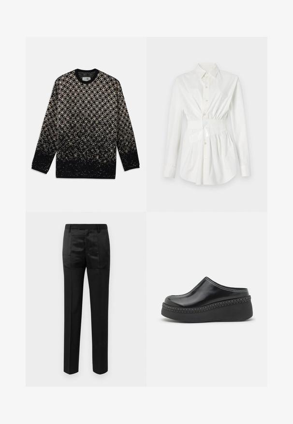 Megztinis su deimanto raštu smėlinės ir juodos spalvos, su laipsnišku spalvų perėjimu. Apvalia iškirpte ir ilgomis rankovėmis. Minkšta tekstūra.; Balta marškiniai su ilgomis rankovėmis, prigludusi juosmens detalė ir blizganti diržo akcentas. Pagaminta iš lygaus, lengvo audinio.; Juodos pritaikytos kelnės su tiesiomis kojomis ir juosmeniu su diržo kilpomis, su matinio ir blizgaus audinio juostelėmis.; Juodi blizgūs platforminiai klumpės su apvalia nosimi, kreiva viršutine dalimi ir kontrastinga balta siūlelių danga aplink padą.