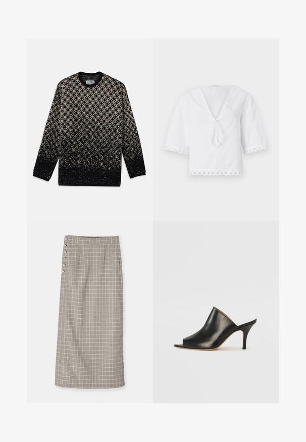 Kudottu neule, jossa on timanttikuosi beigeä ja mustaa, ja väri laimennettuna. Pyöreä pääntie ja pitkät hihat. Pehmeä pinta.; Valkoinen puuvillapaita, jossa on V-pääntie, solmittava yksityiskohta edessä ja skaalatut pitsireunat hihoissa ja helmassa. Lyhyet puffihihat.; Pitkä, ruutukuosiset hame mustavalkoisena. Ominaisuuksina suora leikkaus, korkea vyötärö ja koristeelliset sivunapit. Valmistettu kudotusta kankaasta.; Musta nahkainen avot Gap, jossa on virtaviivainen, kaareva muotoilu, korkea stiletto-korko ja sileä pinta. Sisäpuoli on kontrastivärinen vaaleampi sävy.