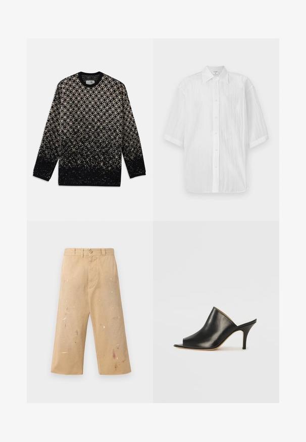 Kootud sviiter, millel on beez ja musta värvi teemantmuster ning järkjärguline värvifadeerumine. Ümar kaelus ja pikad varrukad. Pehme tekstuur.; Valge lühikeste varrukatega nööbiga särk, kerge ja tekstuurse kangaga, millel on krae ja sirge äär, brändi nimega etikett.; Beez värvi kanvaspüksid vabalt kukkuva lõikega, millel on erinevates värvides värvilaigud, ees nupuga sulgemine ja vöökohad.; Must musta avatud varbaga king, millel on sujuv ja kumer disain, kõrge stilettokõrgus ja sile tekstuur. Siseosa on kontrastse heleda värviga.