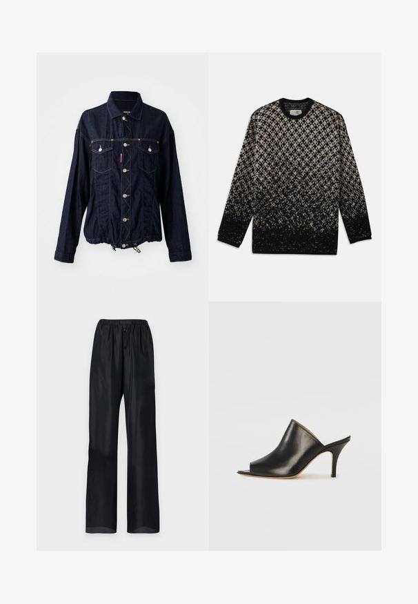Strickpullover mit diamantartigem Muster in Beige und Schwarz, mit einem allmählichen Farbverlauf. Rundhalsausschnitt und lange Ärmel. Weiche Textur.; Dunkelblaue Jeansjacke mit zwei Brusttaschen, silbernen Knopfdetails, verstellbarem Kordelzugsaum und kontrastierenden Nähten.; Schwarze, leichte Hosen mit lockerer Passform, die einen elastischen Bund und zwei vordere Knöpfe haben. Glatte Textur mit geradem Bein Design.; Schwarze Leder- offene Zehen-Mules mit einem eleganten, geschwungenen Design, hohem Stiletto-Absatz und glatter Textur. Das Innere weist eine kontrastierende hellere Farbe auf.