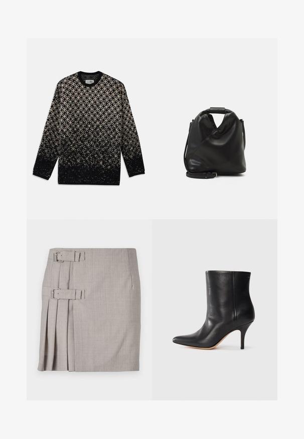 Sweater de malha com um padrão de diamantes em bege e preto, com um degradê gradual de cor. Decote redondo e mangas longas. Textura suave.; Saia cinza com um tecido texturizado, pregas laterais e dois detalhes de fivela para ajuste. Silhueta clássica reta, design até ao joelho.; Botim de tornozelo em pele preta com biqueira pontiaguda, salto fino em stiletto e textura suave. Design minimalista sem hardware ou detalhes visíveis.; Saco preto de couro suave com um design torcido único. Apresenta uma alça curta e uma alça de ombro destacável. Estilo minimalista.