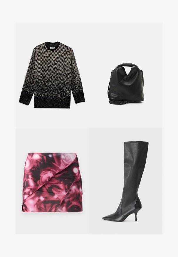 Kötött pulóver bézs és fekete gyémántmintával, fokozatos színátmenettel. Kerek nyakkivágás és hosszú ujjú. Puha tapintású.; Rövid, testhezálló szoknya fekete és rózsás mintával. Simább, ruganyos anyagból készült, ferde átkötéses dizájnnal és varrott szegéllyel.; Térd fölötti fekete bőr csizmák hegyes orral és karcsú stiletto sarkal. Simább textúrájúak, jól illeszkedő kialakítással és varrással a tetején.; Fekete, puha bőr táska egyedi csavaros dizájnnal. Rövid fogantyúval és levehető vállpánttal rendelkezik. Minimalista stílusú.