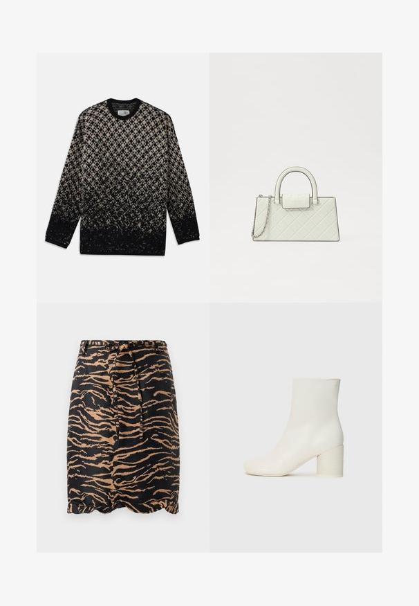 Adītā džemperis ar dimanta rakstu bēšā un melnā krāsā, ar pakāpenisku krāsu pāreju. Apaļā izgriezuma un garām piedurknēm. Mīksta tekstūra.; Melna un tan riekstaini svārki, izgatavoti no gludas auduma, ar sasienamu vidukli un viļņotu apakšmalu.; Baldais ādas potītes zābaks ar noapaļotu purngalu un masīvu cilindrisku papēdi. Gluda tekstūra, minimāls dizains, nav redzamu aksesuāru vai rakstu.; Klāta balta soma ar strukturētu dizainu, augšējo rokturi, noņemamu ķēdes siksnu un izvirzītu logo uz sprādzes.