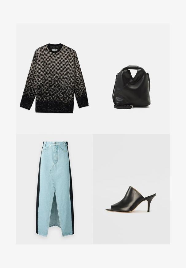 Pleteni pulover z diamantom vzorcem v bež in črni barvi, z postopnim prehodom barv. Okrogla odprtina za vrat in dolgi rokavi. Mehka tekstura.; Denim krilo, ki združuje svetlo modre in črne materiale, s prednjim razporkom, visokim pasom in strukturirano obliko ter standardnim gumbom za zapiranje.; Črne usnjene mule z odprtim prstom, z elegantno, ukrivljeno zasnovo, visokim stiletto peto in gladko teksturo. Notranjost je v kontrastni svetli barvi.; Črna, mehka usnjena torba z edinstveno zasnovo z vrtenjem. Ima kratek ročaj in snemljiv ramenski trak. Minimalističen slog.