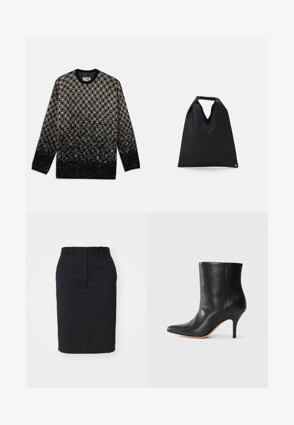 Pulover tricotat cu un model în diamant în nuanțe de bej și negru, cu o degradare graduală a culorilor. Guler rotund și mâneci lungi. Textură moale.; Fustă neagră tip creion cu un design ajustat, fabricată dintr-un material neted. Prezintă un tiv la talie și o deschidere la spate pentru ușurința mișcării.; Botină neagră din piele cu vârf ascuțit, toc subțire de tip stiletto și textură netedă. Design minimalist fără hardware sau accente vizibile.; MM6 Maison Margiela SMALL JAPANESE - Geantă de pânză - black