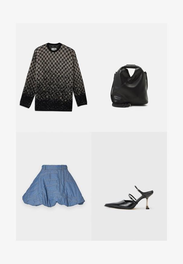 Kötött pulóver bézs és fekete gyémántmintával, fokozatos színátmenettel. Kerek nyakkivágás és hosszú ujjú. Puha tapintású.; Ksenia Schnaider QUILTED MINI SKIRT - Miniszoknya - light blue; Fekete bőr, hegyes orrú, pántos szandál, két állítható pánttal és fémből készült sarokkal. Simas texture és minimalista dizájn jellemzi.; Fekete, puha bőr táska egyedi csavaros dizájnnal. Rövid fogantyúval és levehető vállpánttal rendelkezik. Minimalista stílusú.