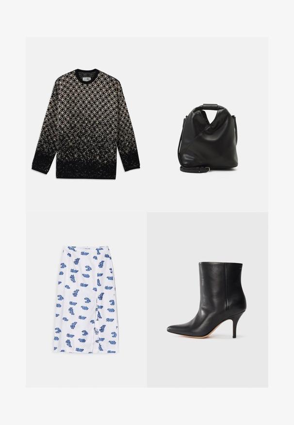 Kootud sviiter, millel on beez ja musta värvi teemantmuster ning järkjärguline värvifadeerumine. Ümar kaelus ja pikad varrukad. Pehme tekstuur.; Valge seelik, millel on sinine lillemuster, sirge lõikega, põlvepikkune, külje lõhiku jaotamiseks detailiks ja liikumiseks.; Must musta jalatsid terava ninaga, õhukese stiletto kontsaga ja siledast nahast. Minimalistlik disain ilma nähtava riistvarata või aksessuaarideta.; Must ja pehme nahast kott, millel on unikaalne keerdkujuline disain. Omab lühikest kätset ja eemaldatavat õlarihma. Minimalistlik stiil.