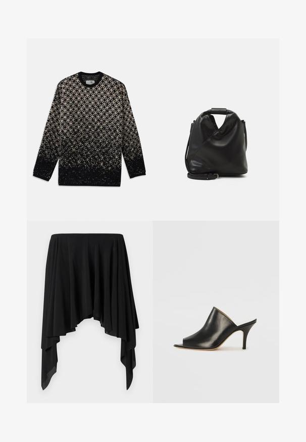 Pletený sveter s diamantovým vzorom v béžovej a čiernej farbe, s postupným farebným prechodom. Výstrih do crew a dlhé rukávy. Jemná textúra.; Čierna asymetrická sukňa vyrobená z mäkkej látky, s drapériami a širokým pásom, vytvárajúca plynulý siluet.; Čierne kožené otvorené muly s elegantným, zakriveným dizajnom, vysokým stiletto opätkom a hladkou textúrou. Interiér má kontrastnú svetlú farbu.; Čierna, mäkká kožená taška s jedinečným zavinutým dizajnom. Disponuje krátkym uškom a odnímateľným ramenným popruhom. Minimalistický štýl.