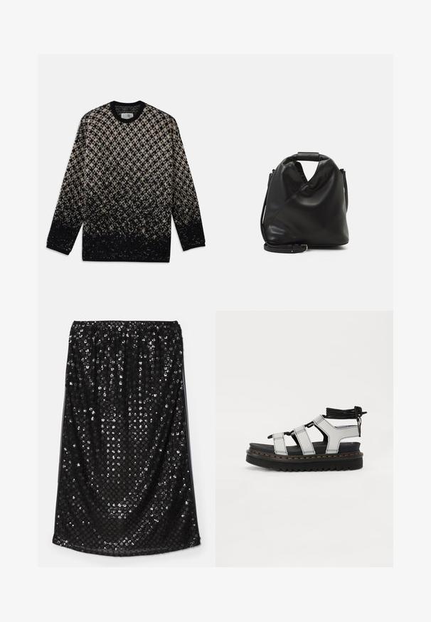 Adītā džemperis ar dimanta rakstu bēšā un melnā krāsā, ar pakāpenisku krāsu pāreju. Apaļā izgriezuma un garām piedurknēm. Mīksta tekstūra.; Melna spīguļota svārki ar elastīgas jostasvietas. Tam ir gluda tekstūra, kas piepildīta ar spīdīgiem sudraba spīguļiem, radot atstarotāju virsmu.; Melnas platforma sandales ar pelēkām siksnām, kas piedāvā kontrastējošas dzeltenas šuvēs, regulējamu auklu ap potīti un teksturētu zoli.; Melnas, mīkstas ādas soma ar unikālu savērptu dizainu. Iespējo īsu rokturi un noņemamu plecu siksnu. Minimalistisks stils.