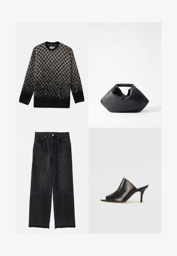 Kootud sviiter, millel on beez ja musta värvi teemantmuster ning järkjärguline värvifadeerumine. Ümar kaelus ja pikad varrukad. Pehme tekstuur.; Valge puuvillane T-särk lühikeste varrukatega, millel on rinna kohal peenelt reljeefne "HELMUT LANG" logo. Ümar kaelus, sile tekstuur.; Mustmustest mustmustai, viiekohaline stiil, toores serv ja veidi kulunud tekstuur.; Must musta avatud varbaga king, millel on sujuv ja kumer disain, kõrge stilettokõrgus ja sile tekstuur. Siseosa on kontrastse heleda värviga.; Must onnahkade kott, millel on tekstureeritud pind, ainulaadne kortsus kuju ja lühike käepide. Omab ühte peamist sektsiooni.